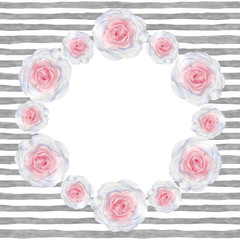 Round frame of pink watercolor roses on stripped gray and white background. Decorative element for save the date design, postcard, greeting card, wedding invitation. Square composition