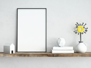 Mock up poster frame on white plaster wall with digital flower, home decoration and books on the wooden shelf 3d render, 3d illustration