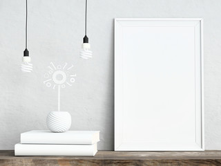 Mock up frame on white plaster wall with light bulbs, digital flower in a pot and books on wooden shelf, 3d render, 3d illustration