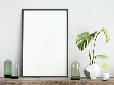 Mock up poster frame on white plaster wall with monstera plant, digital flower and vases on wooden shelf, 3d render, 3d illustration