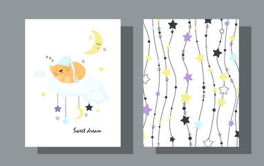 Postcards for sleep a cat in a hat sleeps on a cloud. Children's backgrounds with clouds, stars and the Moon