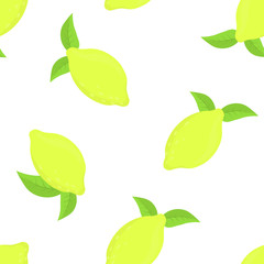 Lemon seamless pattern on a white background. Flat fruits of abstract lemon with leaves seamless summer pattern.