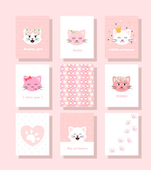 Cute drawing a cat's face with the inscription a set of children's cards to invitations, pazdrazdis in flat design.
