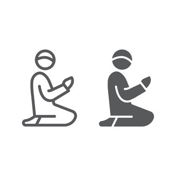 Islamic Prayer Line And Glyph Icon, Ramadan And Islam, Muslim Man Praying Sign, Vector Graphics, A Linear Pattern On A White Background, Eps 10.