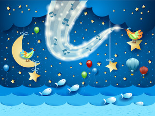 Obraz na płótnie Canvas Fantastic seascape with music, birds and wave of sparkles