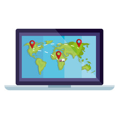 laptop with world map and gps marks design, Delivery logistics transportation shipping service warehouse industry and global theme Vector illustration