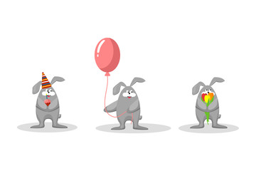 Cute rabbits with balloon, cake with candle, flowers. Set for birthday party, celebration. Isolated