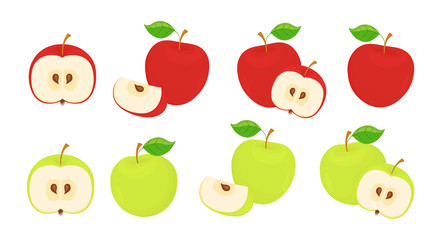 Set of red green Apple slices of fruit halves with leaves. Bright vector cartoon apples isolated on white background