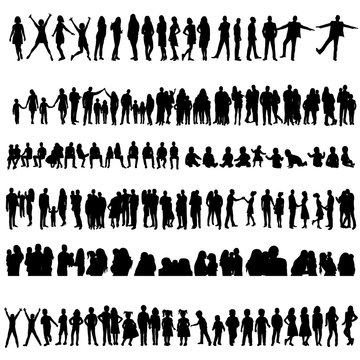 vector, isolated, collection, silhouettes set of people, children and parents