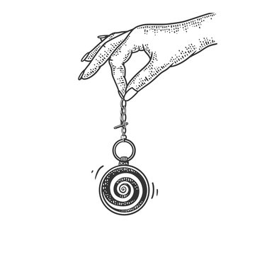 hypnotist pendulum in hand sketch engraving vector illustration. T-shirt apparel print design. Scratch board imitation. Black and white hand drawn image.