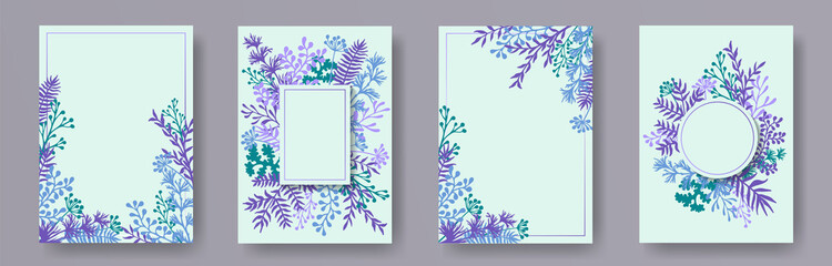 Watercolor herb twigs, tree branches, leaves floral invitation cards set. Herbal corners creative cards design with dandelion flowers, fern, mistletoe, olive branches, savory twigs.