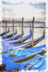 Fototapeta na wymiar Imitation of a picture. Oil paint. Illustration. Venice. Italy. Gondolas
