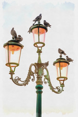 Fototapeta na wymiar Imitation of a picture. Oil paint. Illustration. Pigeons on an old lamp