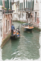 Fototapeta na wymiar Imitation of a picture. Oil paint. Illustration. Gondolas and gondoliers. Venice. Italy