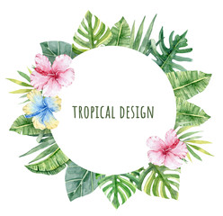 Exotic floral frame with green leaves and flowers. Pink Hibiscus, blue Hibiscus. Watercolor tropical florals.