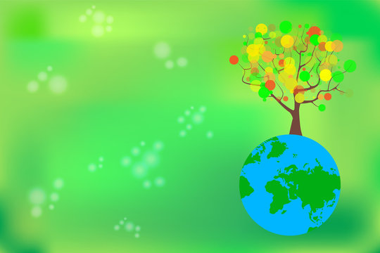 Tree and earth planet.Earth day symbol. Ecology concept with green eco earth and tree. Eco friendly. Background with copy space. Save Earth planet world. Continents and tree in green background.Vector