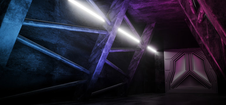Alien Ship Sci-Fi Dark Neon Purple Blue Grunge Concrete Room Tunnel Corridor With Door At End And White Light Tube Spooky Background 3D Rendering © IM_VISUALS