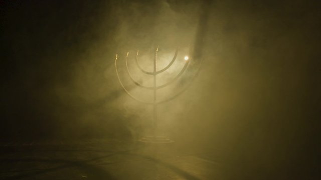 Slow Motion Of Large Brass Jewish Menorah Candelabra