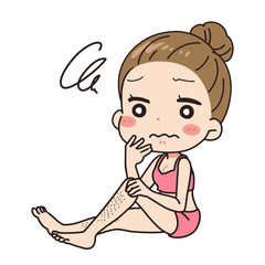 An oblique illustration of a woman who is worried about waste hair on her legs, full body view.