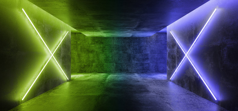 Modern Futuristic Sci Fi Concept Club Background Grunge Concrete Empty Dark Room With Neon Glowing Green Pantone Classic Blue Neon Lights 3D Rendering © IM_VISUALS