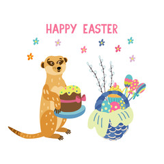 Greeting card with adorable meerkat holding Easter cake. Wicker basket full of colorful eggs, lollipops, willow twigs. Happy Easter lettering. Vector hand drawn illustration isolated on white.