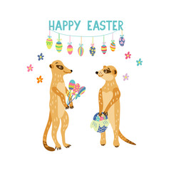 Greeting card with adorable meerkats holding easter gifts such as wicker basket full of colorful eggs, lollipops. Happy Easter lettering. Vector hand drawn illustration isolated on white background.