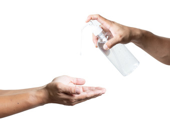 using alcohol gel clean wash hand sanitizer anti virus bacteria dirty skin care on white background clipping path