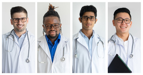 Confident multiracial doctors. Collage of cheerful multiethnic doctors in white coats with stethoscopes standing and looking at camera. Medicine concept