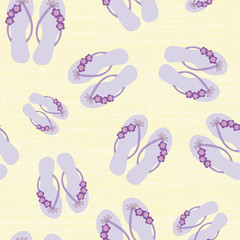 Flip flop shoe on seamless vector pattern background. Pretty sandals with tropical flower decoration beach wedding backdrop. Pastel purple and gold. Summer all over print for tropical resort concept.