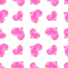 Romantic seamless pattern with pink watercolor hearts on the white background. Girly ornament for packaging, wrapping paper, scrapbook, banner, textile