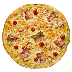Fragrant pizza with bacon, tomatoes sprinkled with cheese on white background.