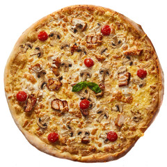 Fragrant round pizza on a white background. Crispy crust, airy dough