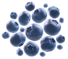 Ripe blueberries levitate on a white background