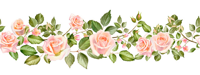 Panele Szklane  Horizontal border watercolor bouquet of blossom roses, buds and leaves. Spring or summer flowers for invitation, wedding or greeting cards.