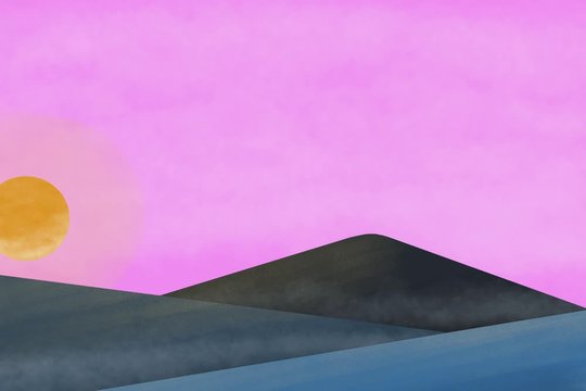 Illustration von aufgehender Sonne in karger Landschaft. Mit Bergen, Felsen, abstrakt mit H&uuml;geln blau, grau. Morgenrot mit warmer Sonne und warmem Himmel in rosa
