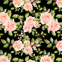 Watercolor floral seamless pattern with rose flowers and green leaves isolated on white background. Hand painted print for textile design and decoration.