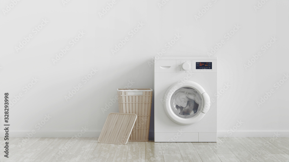 Wall mural modern washing machine, laundry in baskets and domestic emty room interior. white wall.