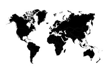Obraz premium Mapa polityczna świata wektor, na białym tle. Czarny szablon mapy, płaska ziemia. Uproszczona, uogólniona mapa świata z zaokrąglonymi rogami.