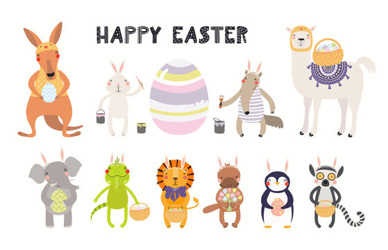Big Easter set with cute animals, eggs, flowers. Isolated objects on white background. Hand drawn vector illustration. Scandinavian style flat design. Concept for kids holiday print, card, invite.
