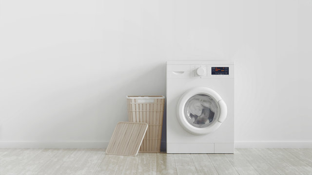 Modern washing machine, laundry in baskets and domestic emty room interior. White wall.