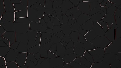 3d render. Black surface of chaotic geometric shapes with a red and white backing. 