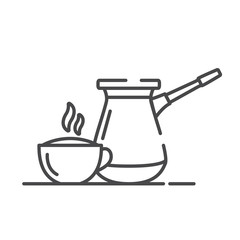 Turkish coffee pot and cup. Hot drink. Line art outline vector.