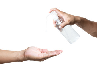 using alcohol gel clean wash hand sanitizer anti virus bacteria dirty skin care on white background clipping path