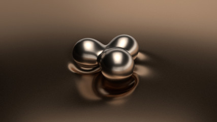 3D rendering of a metallic liquid background with bronze drops flying over it. Drops levitate in a magnetic field and merge with each other and affect the surface. Background image for the desktop.