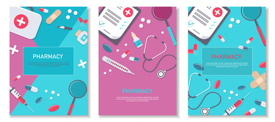 Big set of medical equipment and pharmacy. Pharmacy square frame with pills, drugs, medical bottles. Pharmacy vector flat illustration. Banner in medicine and healthcare. vector illustration. Vertical