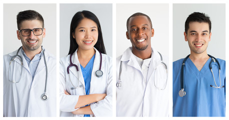 Fototapeta premium Collage of happy male and female doctors. Collage of cheerful multiethnic doctors in white coats with stethoscopes standing and looking at camera. Medicine concept