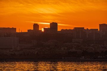 Colorful sunset on the Baku boulevard