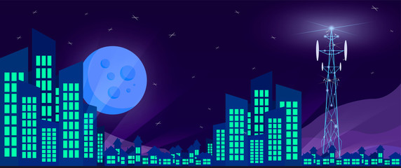 Night city background. Buildings and big moon. 5G tower transmitter. Vector stock illustration eps10.