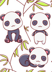Seamless pattern cute panda kawaii cartoon hand drawn white background