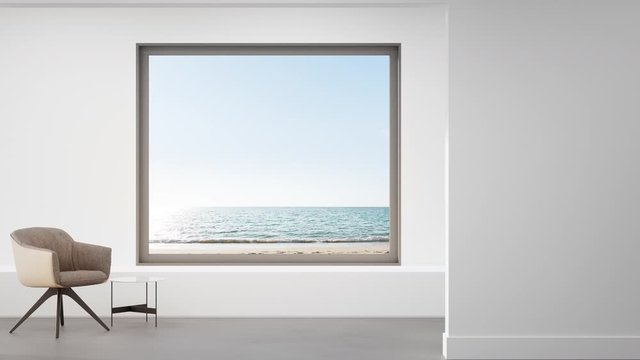 Armchair on concrete floor of large living room in modern house or luxury hotel. Minimal home interior loop animation 3d rendering with beach and sea view.